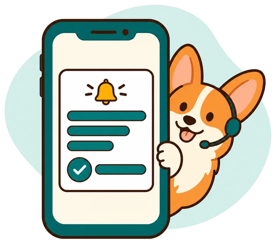 Illustration: the corgi with a headset peeks out from behind a phone showing a new call summary