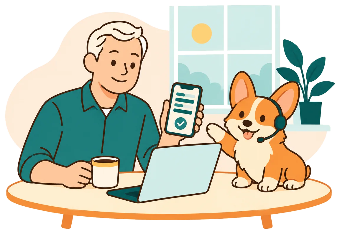 Illustration: a business owner with coffee and a laptop reads a call summary on his phone while the corgi points to it