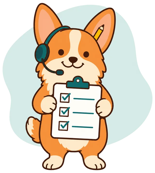 Illustration: the corgi holding a checklist with three ticked boxes